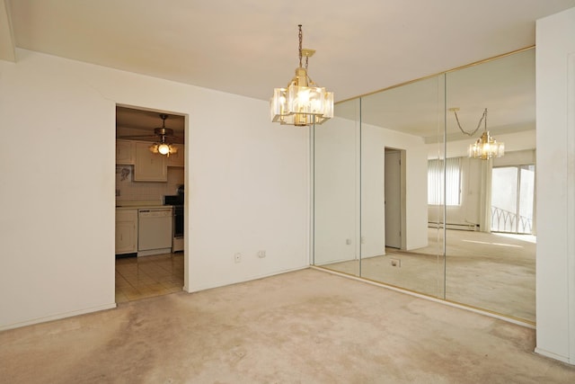 unfurnished bedroom with a baseboard radiator, carpet, and a chandelier