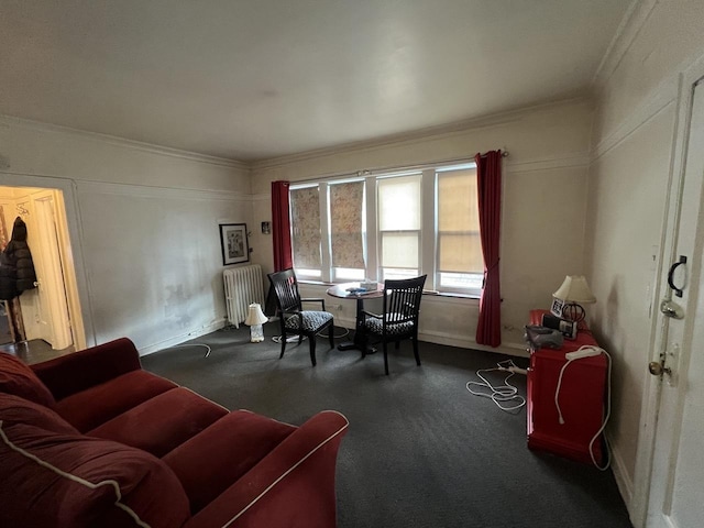 sitting room featuring baseboards, ornamental molding, carpet, and radiator