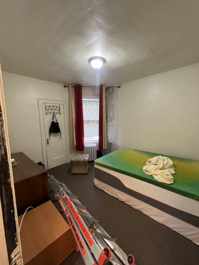 unfurnished bedroom with radiator, carpet flooring, crown molding, and a textured ceiling