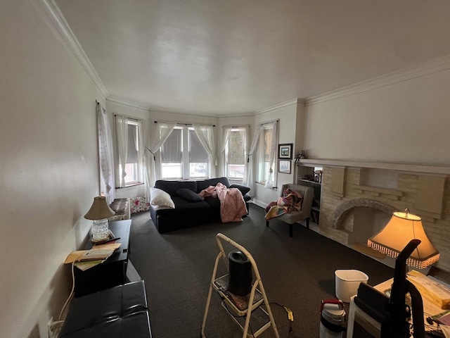 living room featuring carpet, a fireplace, and ornamental molding