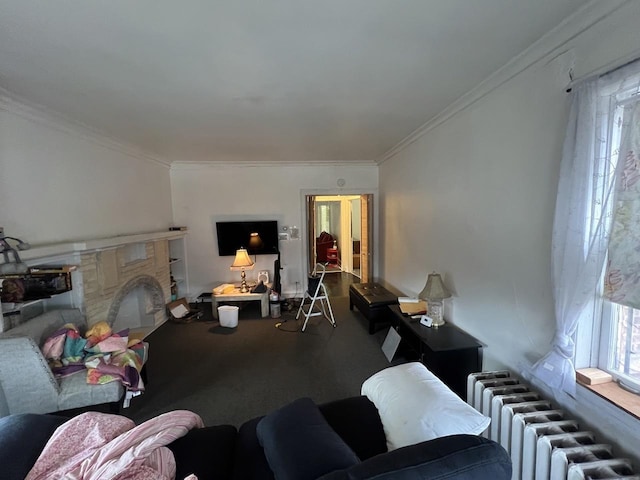 living room with ornamental molding, radiator, and a fireplace