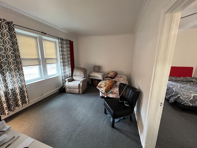 sitting room with crown molding, baseboards, and carpet flooring