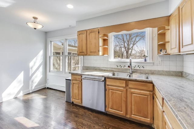 kitchen with a sink, a baseboard radiator, dishwasher, and open shelves