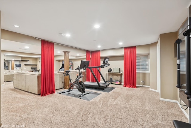workout area with recessed lighting, baseboards, and carpet