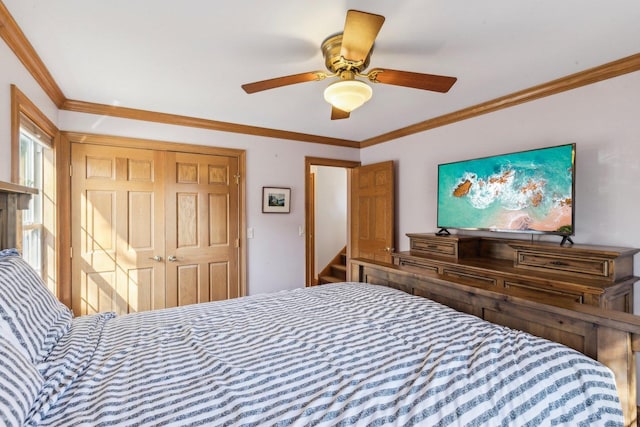 bedroom featuring a closet, a ceiling fan, and crown molding