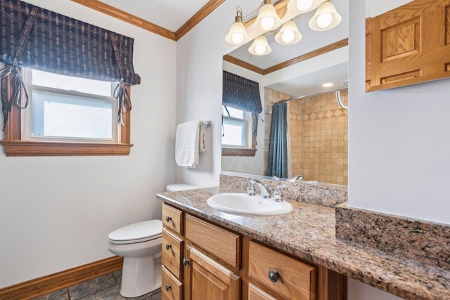 full bathroom featuring toilet, a tile shower, crown molding, baseboards, and vanity