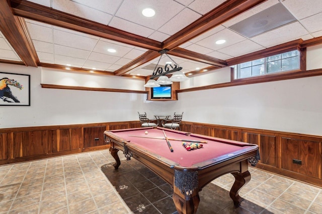 game room with a wainscoted wall, recessed lighting, pool table, and a paneled ceiling