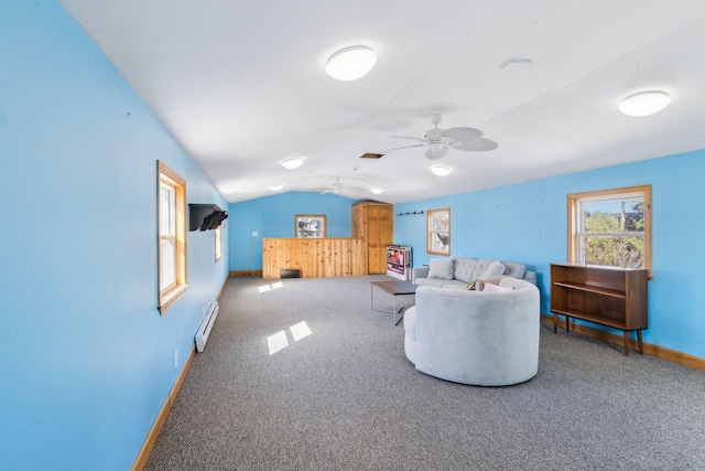 living area with lofted ceiling, a ceiling fan, carpet, baseboards, and baseboard heating