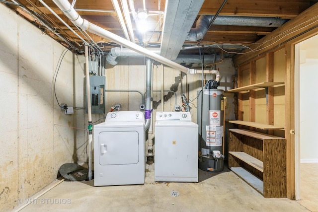 laundry area featuring laundry area, water heater, electric panel, and separate washer and dryer