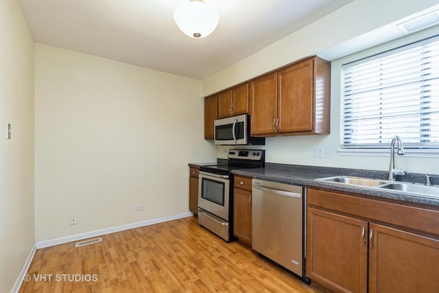 kitchen featuring stainless steel appliances, a sink, visible vents, brown cabinetry, and dark countertops