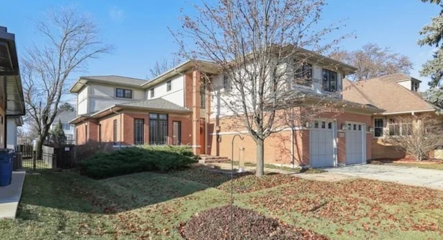 view of front facade featuring concrete driveway, brick siding, fence, and an attached garage