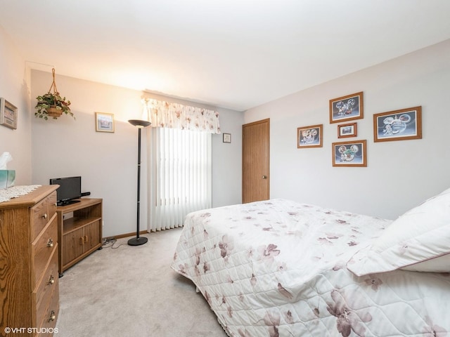 bedroom with light colored carpet