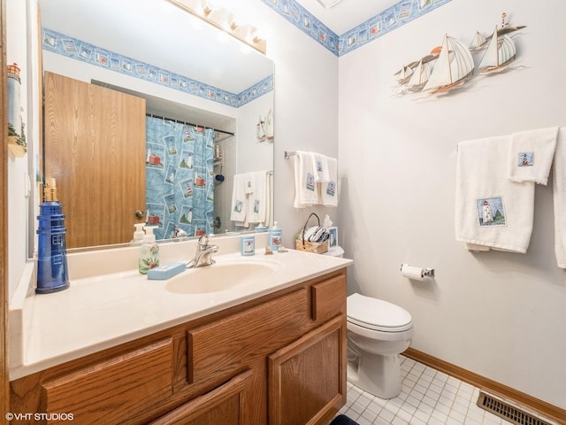 full bathroom featuring baseboards, visible vents, toilet, tile patterned flooring, and vanity