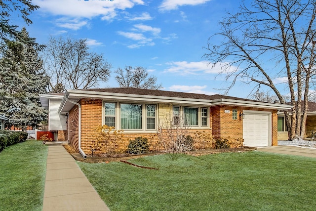 ranch-style house featuring a garage, driveway, brick siding, and a front yard