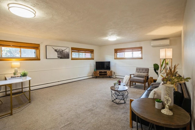 carpeted living room with a baseboard radiator, a baseboard heating unit, a textured ceiling, and a wall mounted AC