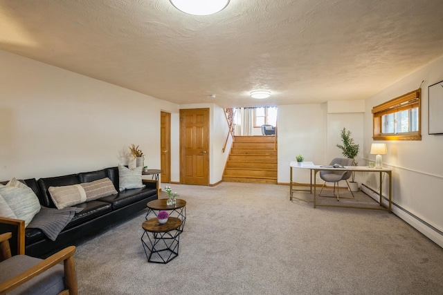 carpeted living room featuring plenty of natural light, stairs, and a textured ceiling