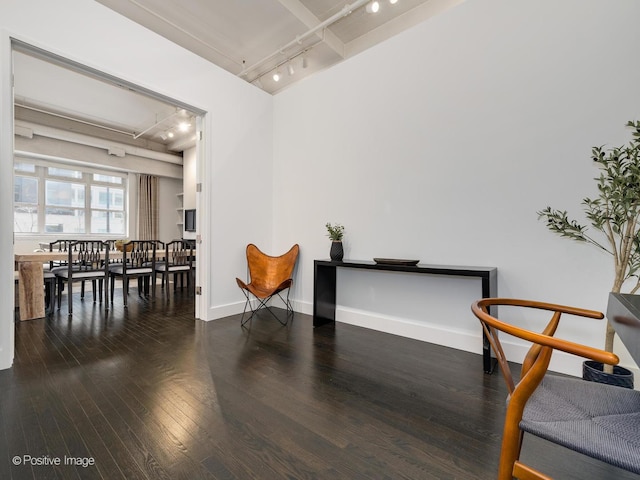 sitting room with baseboards, track lighting, and wood finished floors