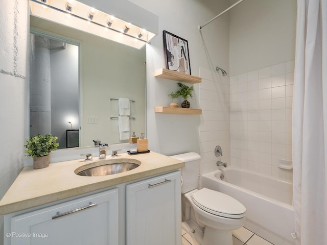 full bath with toilet, shower / bathtub combination with curtain, tile patterned flooring, and vanity