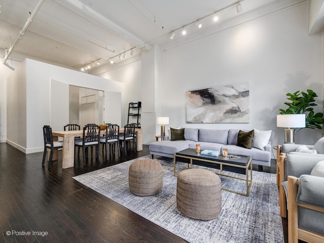 living room featuring rail lighting, hardwood / wood-style flooring, and baseboards