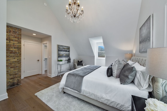 bedroom featuring high vaulted ceiling, baseboards, a chandelier, and wood finished floors