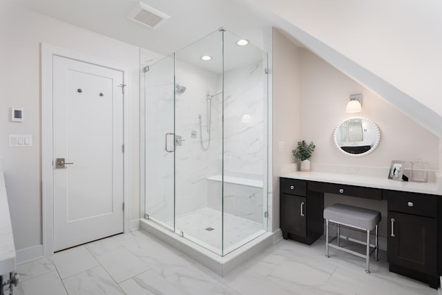 full bath featuring recessed lighting, vanity, visible vents, marble finish floor, and a marble finish shower