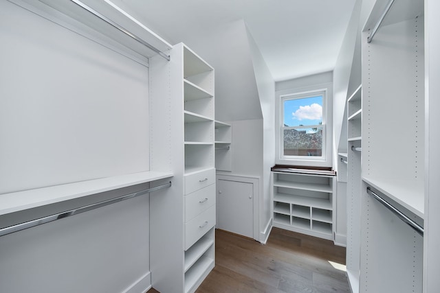 walk in closet with wood finished floors