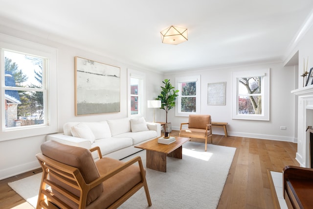 living area featuring plenty of natural light, a fireplace with flush hearth, baseboards, and hardwood / wood-style floors