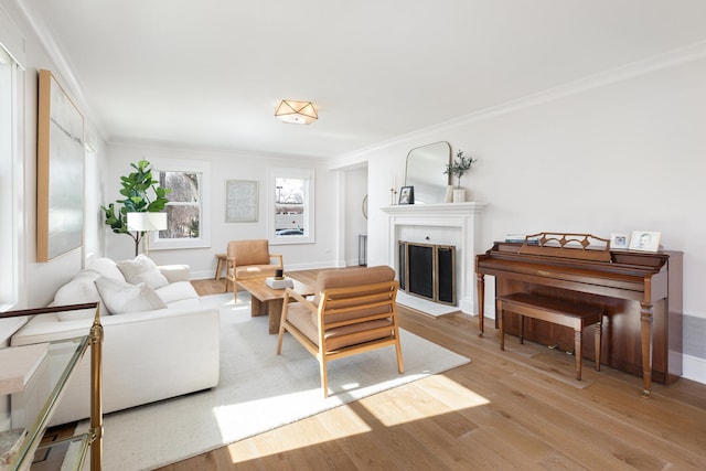 living area with wood finished floors, ornamental molding, a fireplace with flush hearth, and baseboards