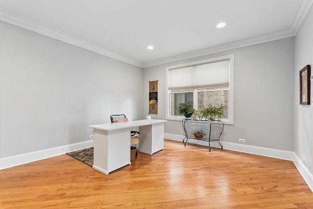 unfurnished office featuring ornamental molding, recessed lighting, baseboards, and light wood finished floors