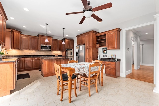 kitchen featuring stainless steel appliances, a sink, a kitchen island, decorative backsplash, and open shelves