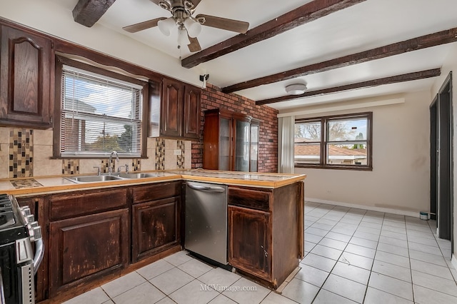 kitchen featuring a healthy amount of sunlight, appliances with stainless steel finishes, dark brown cabinets, and a sink