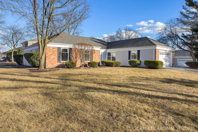 ranch-style house with brick siding, an attached garage, driveway, and a front lawn