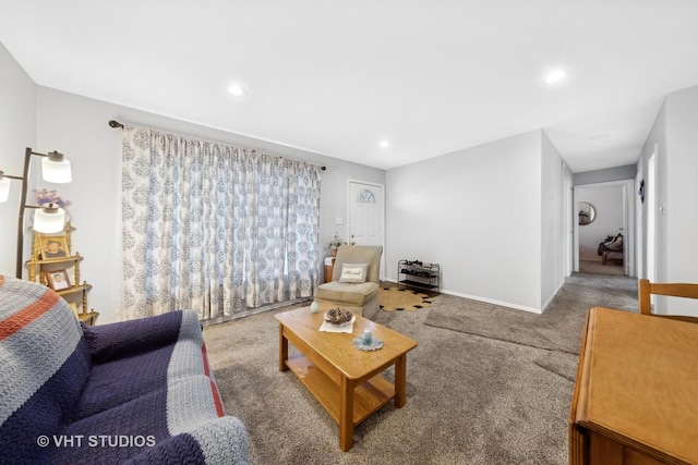 carpeted living room with baseboards and recessed lighting