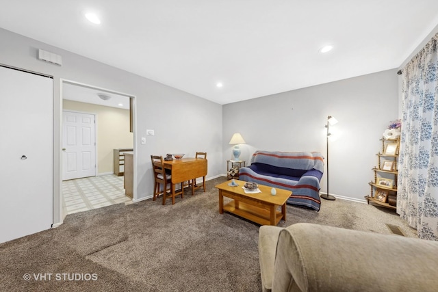 carpeted bedroom with baseboards and recessed lighting