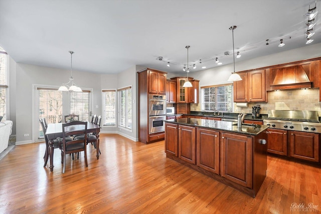 kitchen with an island with sink, a sink, stainless steel appliances, light wood finished floors, and custom exhaust hood