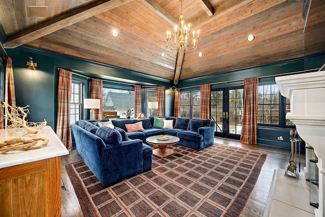 living area featuring lofted ceiling with beams, wood finished floors, wood ceiling, and french doors