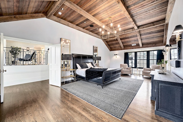 bedroom with wood ceiling, an inviting chandelier, and wood finished floors