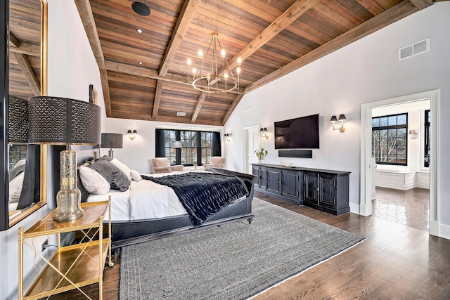 bedroom with visible vents, multiple windows, wood ceiling, and wood finished floors