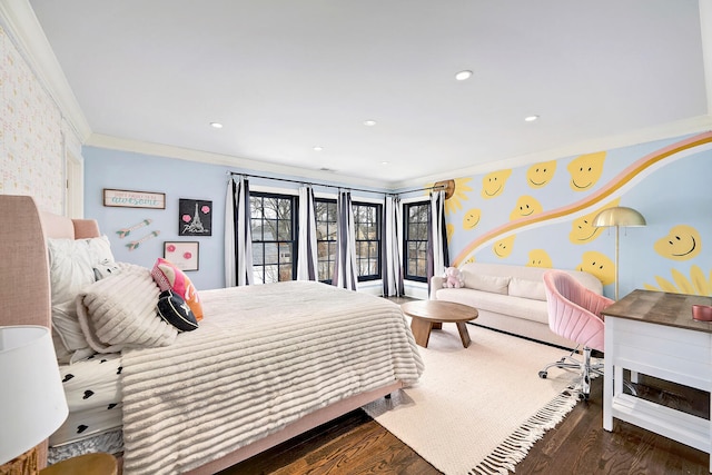 bedroom with recessed lighting, wood finished floors, and ornamental molding