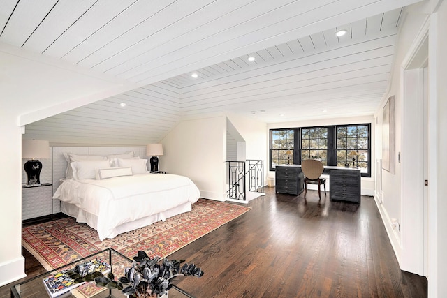 bedroom with recessed lighting, wooden ceiling, lofted ceiling, and wood finished floors