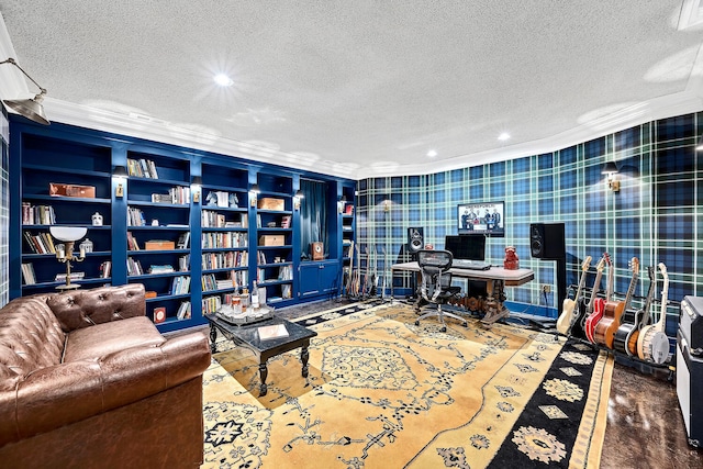 office with recessed lighting, a textured ceiling, ornamental molding, and wallpapered walls