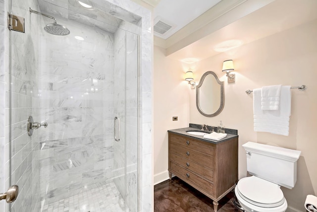 full bathroom with visible vents, a stall shower, toilet, and vanity