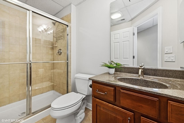 full bath with toilet, a shower stall, visible vents, and vanity