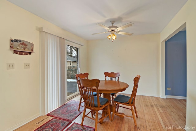 dining room featuring light wood-style floors, visible vents, baseboards, and a ceiling fan