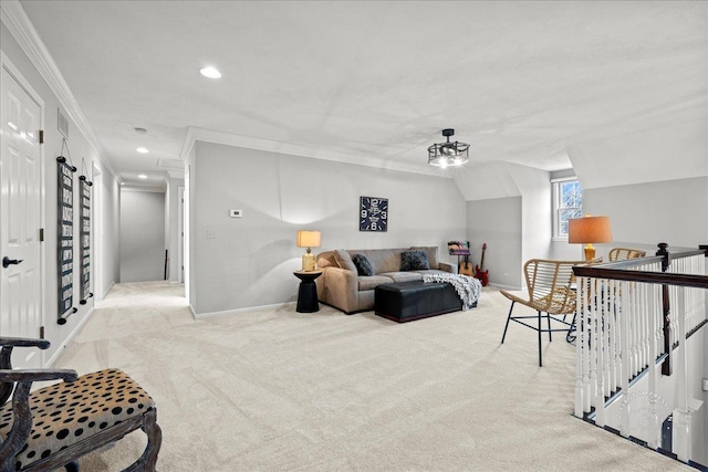 living room featuring carpet floors, ornamental molding, recessed lighting, and baseboards