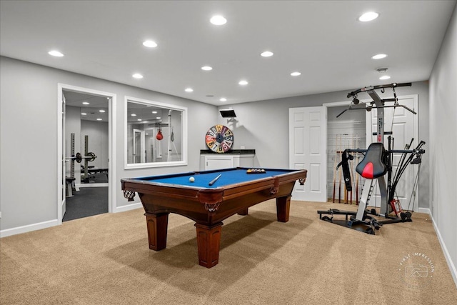 rec room with baseboards, billiards, carpet flooring, and recessed lighting