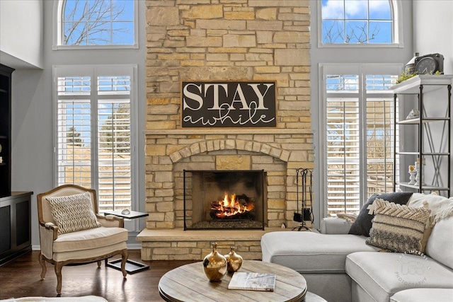 living area with a towering ceiling, wood finished floors, and a stone fireplace