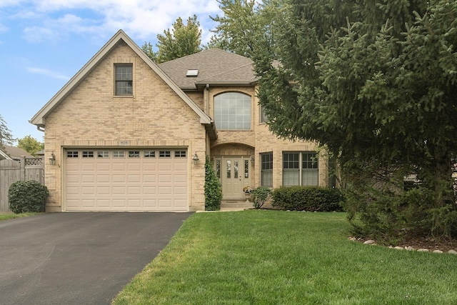 view of front of house featuring driveway, roof with shingles, a front lawn, and brick siding