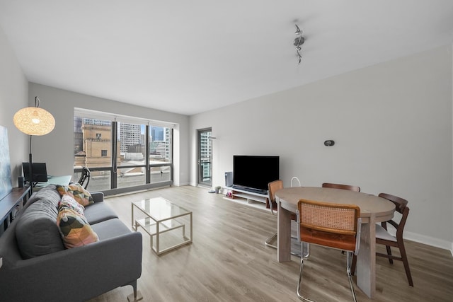 living room with baseboards and wood finished floors