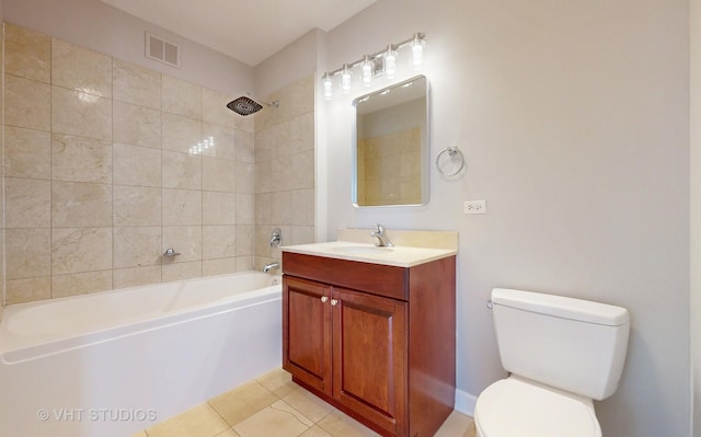 full bathroom featuring toilet, shower / bath combination, vanity, visible vents, and tile patterned floors